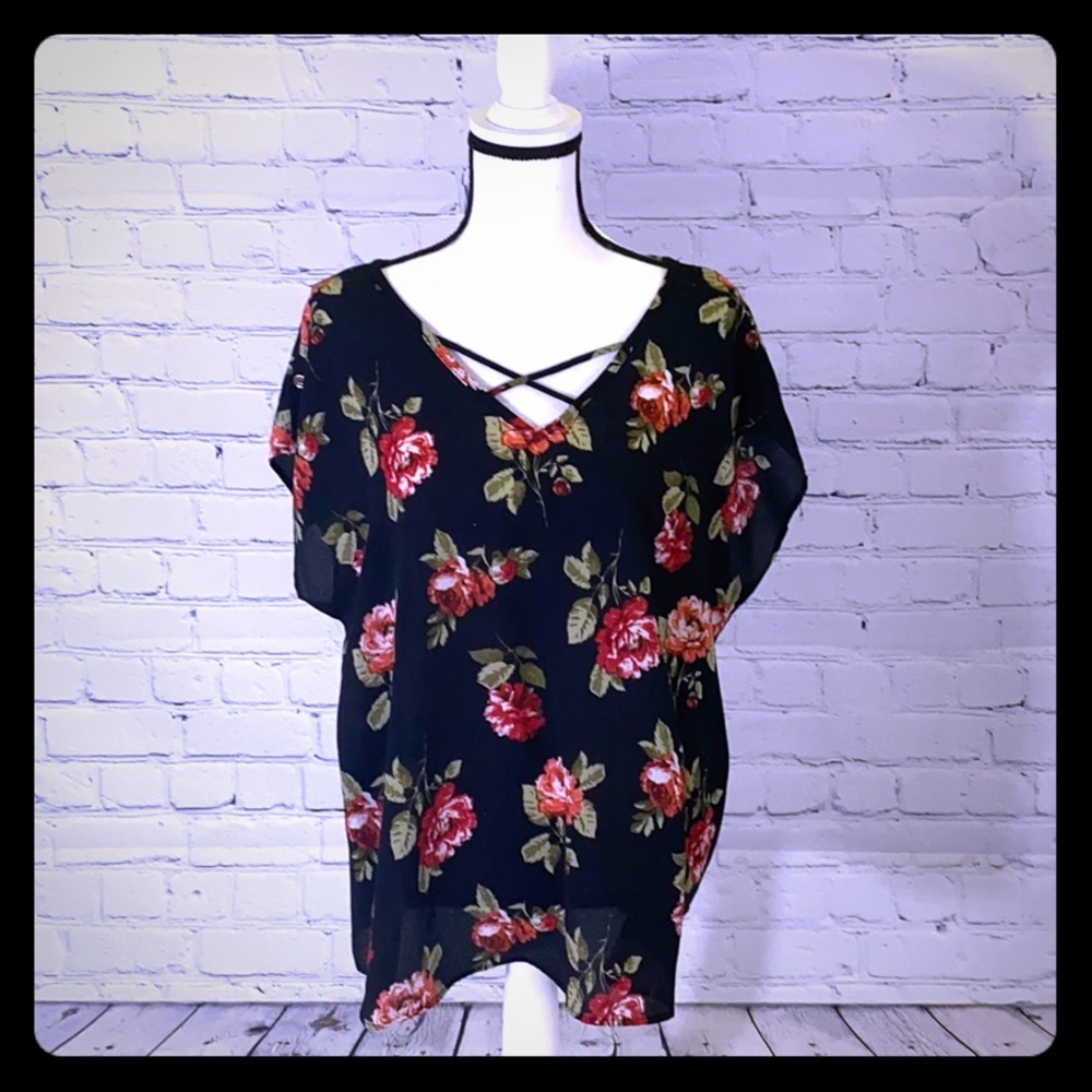 Black Floral CrissCross Blouse